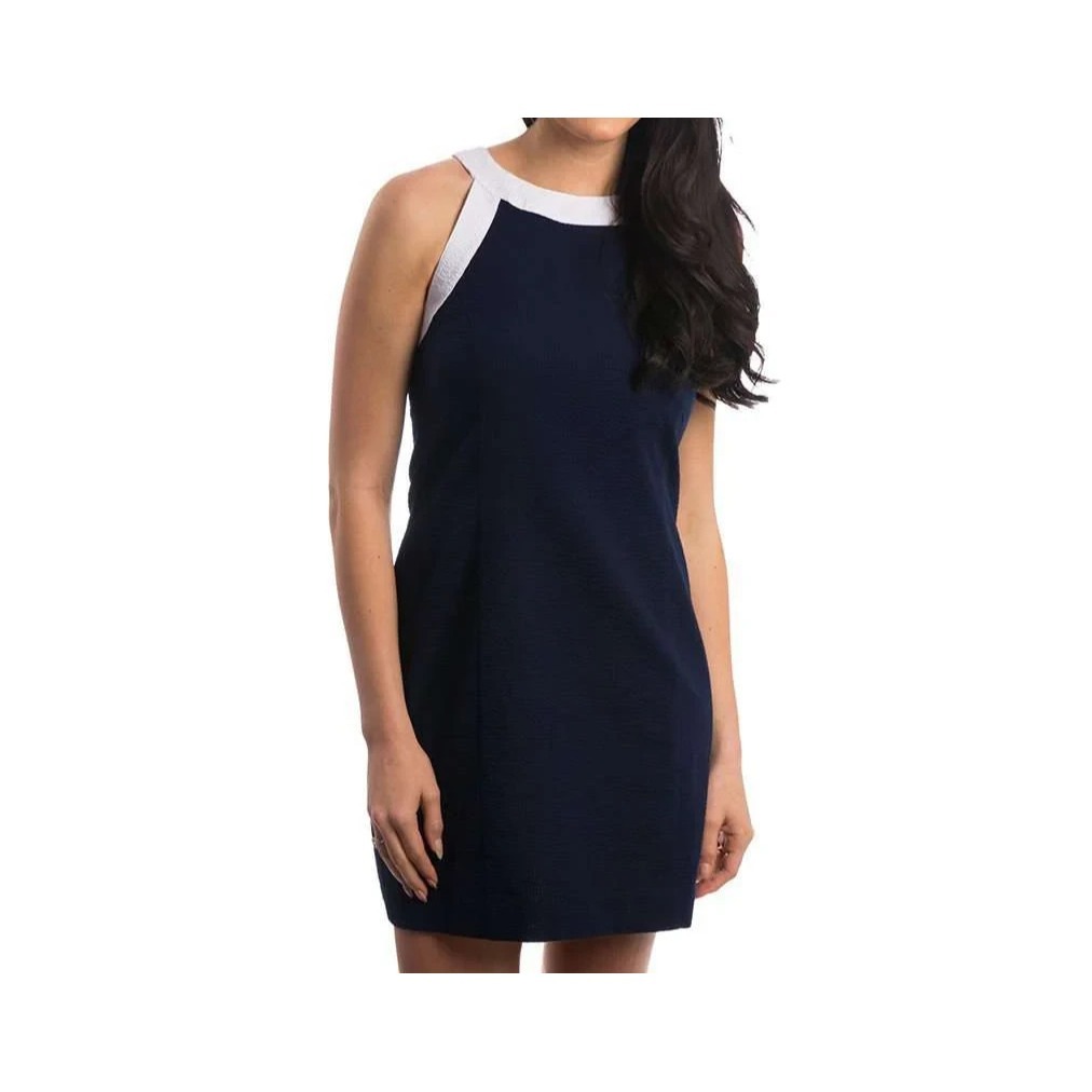 Lauren James Dress Size Medium Arden Solid Seersucker Navy Blue White